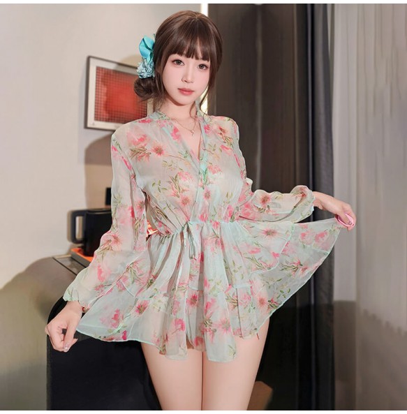 FEE ET MOI - French V-Neck Tie Print Dress (Green)